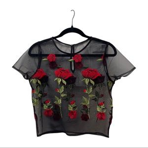 Vintage Sheer Blouse with Red Flowers
